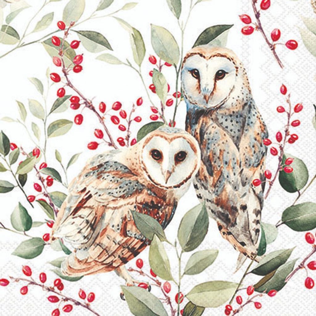 Servietten 25x25 cm - Barn owl couple white