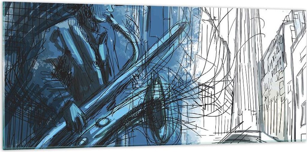 Bilder auf glas - Einteilig - Saxophon Musiker Zeichnen - 120x50cm - Glasbilder - Wandbilder - Bilder - Wanddekoration aus Glas - Glas Bilder - Wan...