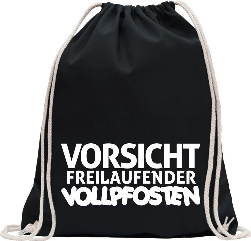 Kiwistar - Turnbeutel - schwarz - Vorsicht freilaufender Vollpfosten - Fun Rucksack Sport Beutel Gymsack Baumwolle mit Ziehgurt