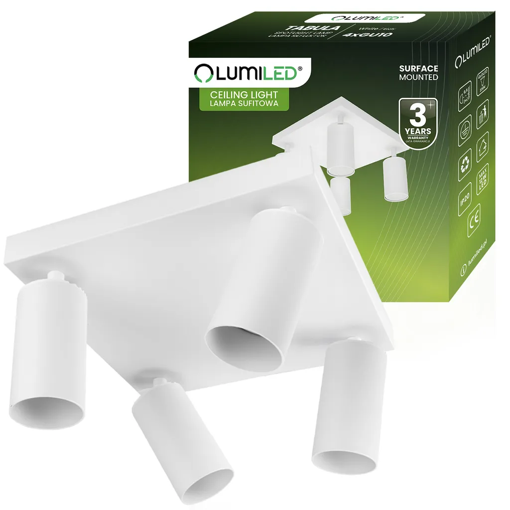 Plafonnier Orientable et Rotatif 4 Spots GU10 en Aluminium Blanc Robuste