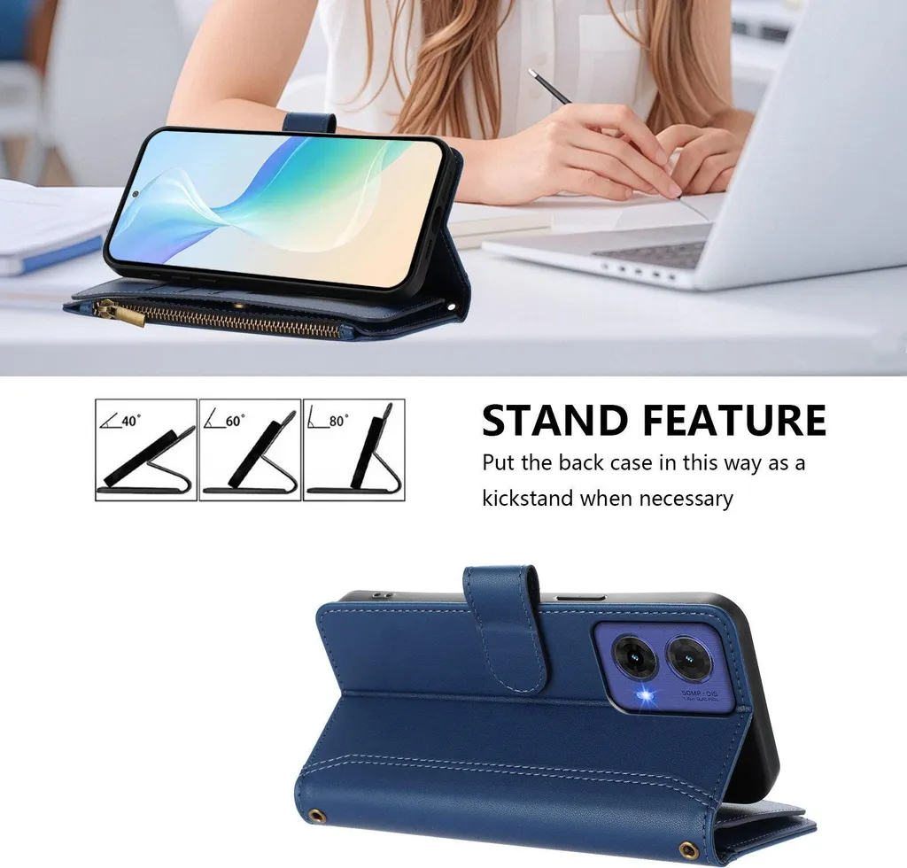 Custodia Elegante Moto G85 Blu: Il Portafoglio Chic con Cerniera - 2