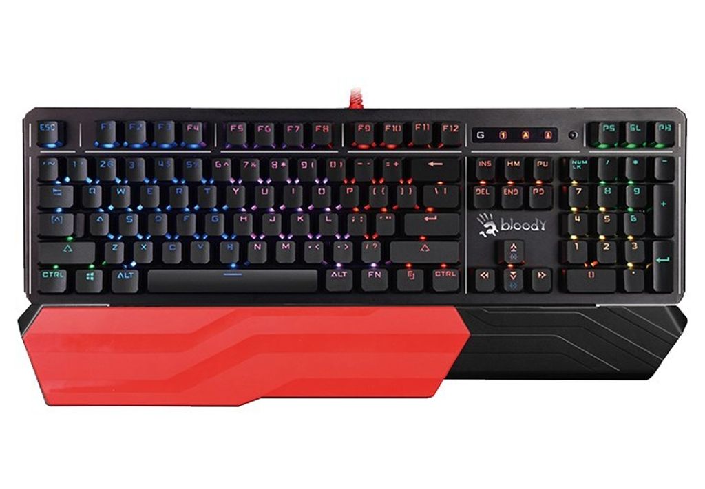 A black and red gaming keyboard with a detachable wrist rest, shown from a front-facing perspective against a white background.