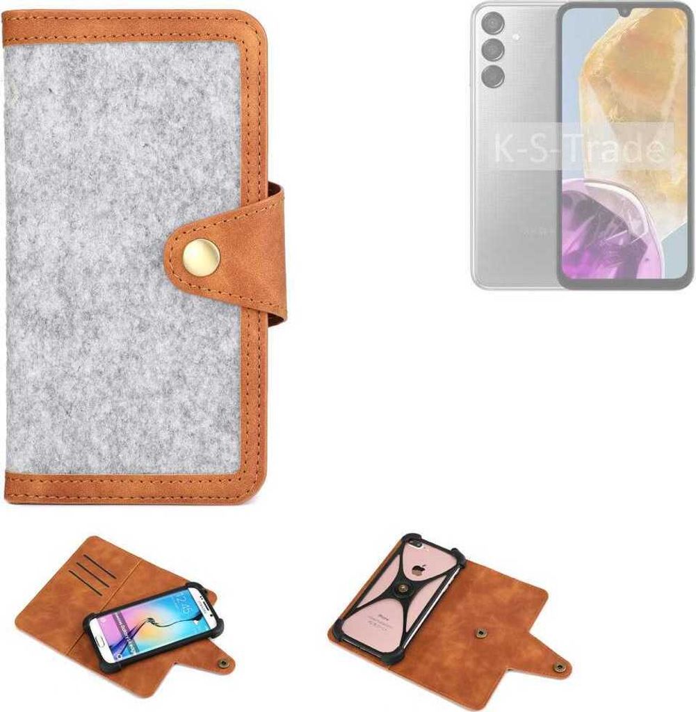 K-S-Trade Handyhülle kompatibel mit Samsung Galaxy M15 5G Schutzhülle Filz-Hülle Kunst-Leder hellgrau braun (1x)