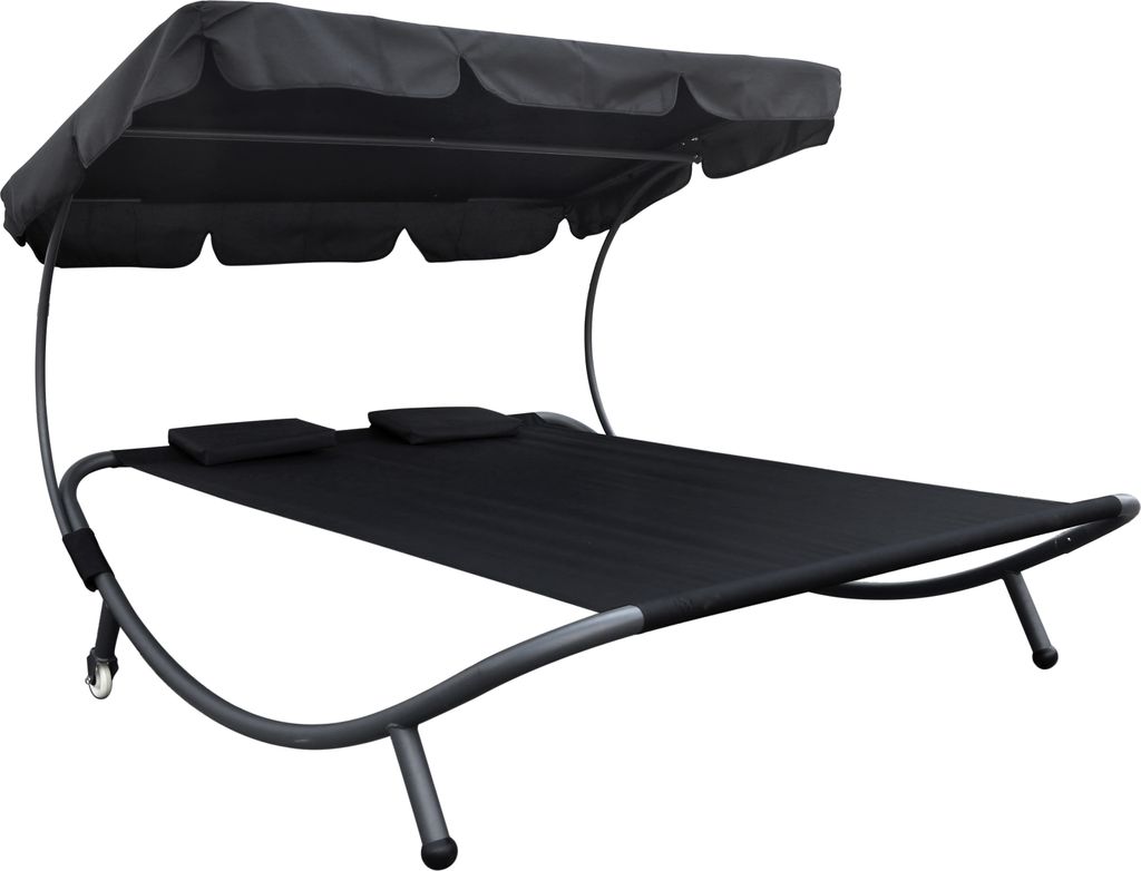 XXL Doppelsonnenliege mit Dach Kopfkissen Gartenliege Relaxliege Sonnenliege Schwarz