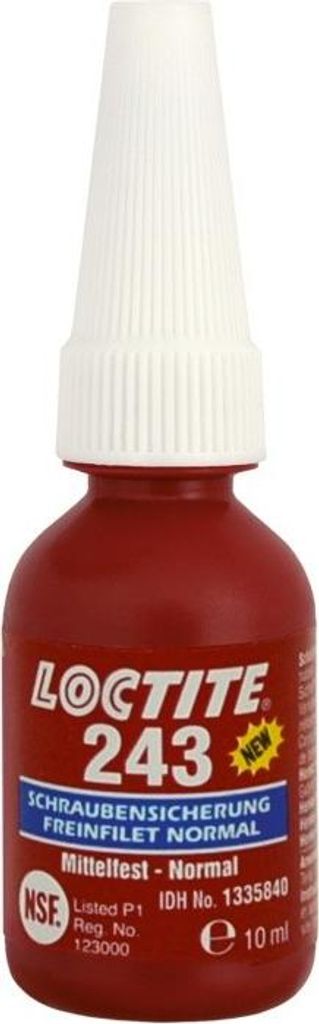 A close-up studio shot of a small red bottle of Loctite 243 threadlocker.