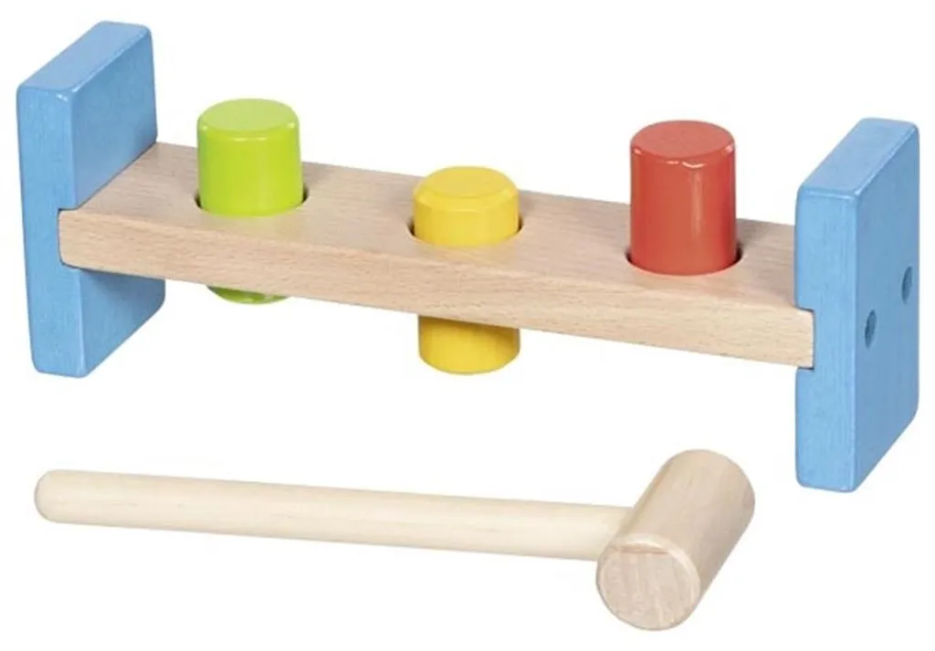 Banc à marteler robuste Goki avec marteau et 3 blocs multicolores 1