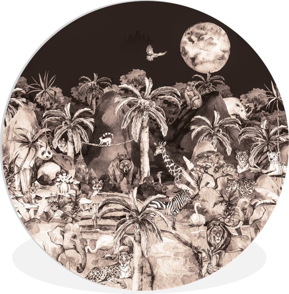 MuchoWow Rundes Wandbild - Runde Bilder Dschungel - Tiere - Kinder - Bäume - Pflanzen Ø 60 cm Kreis Wanddekoration Kunststoff - Wandkreis - Wan...