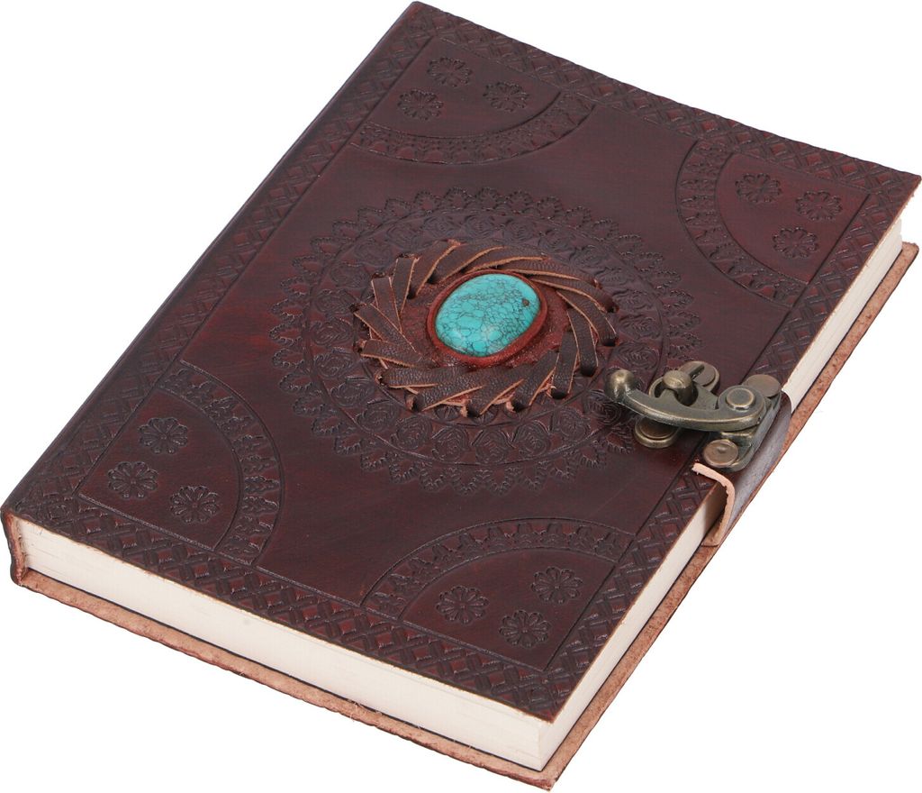 Lederbuch, Verziertes Notizbuch, Tagebuch, Schreibbuch mit Ledereinband 100 Seiten - 12*17 Cm/Türkis, Braun, Papier,Leder, Notizbücher & Tagebücher