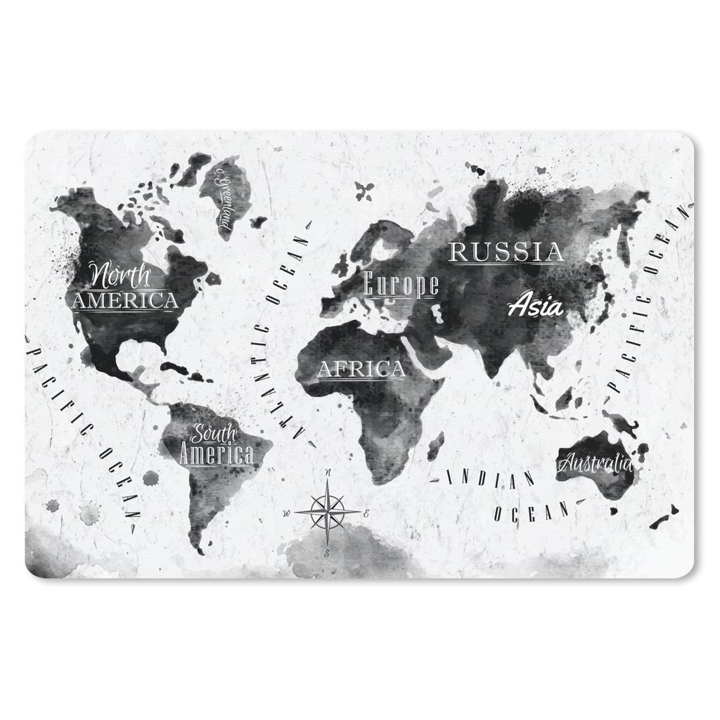 MuchoWow Schreibtischunterlage Weltkarte - Aquarell - Schwarz - Weiß 60x40 cm - XXL Mauspad - Großes Mauspad
