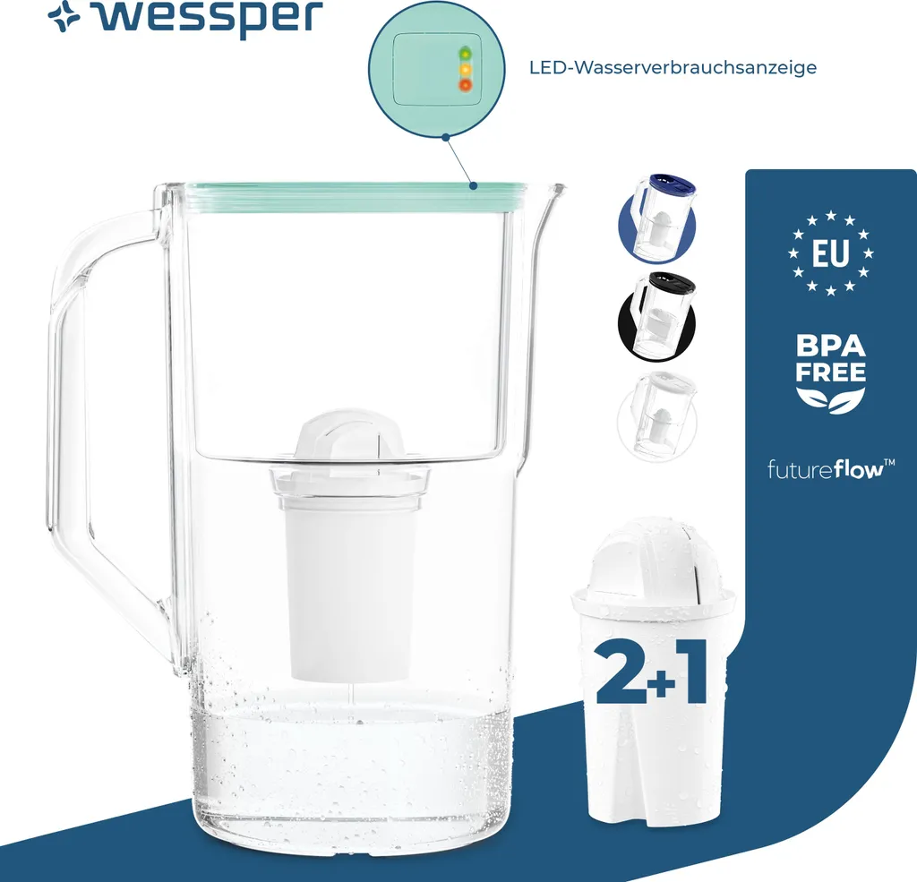 Caraffa Filtrante 3.3L Wessper LED Menta | Kit 3 Filtri Classic Inclusi