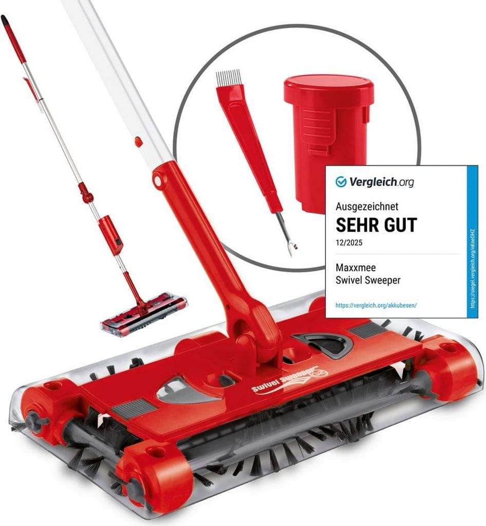 A collage showing a red cordless sweeper with accessories and a review badge.