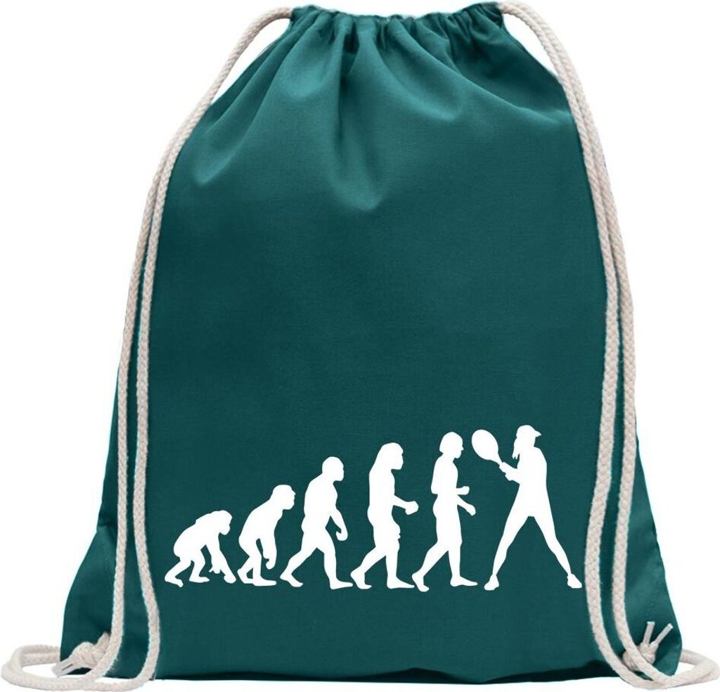 Kiwistar - Turnbeutel - petrol - Evolution Tennis Spieler/in - Fun Rucksack Sport Beutel Gymsack Baumwolle mit Ziehgurt