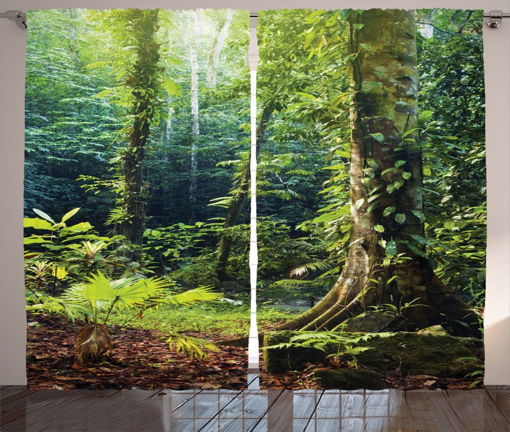 ABAKUHAUS Regenwald Rustikaler Gardine, Wilder Efeu auf Bäumen, Schlafzimmer Kräuselband Vorhang mit Schlaufen und Haken, 280 x 225 cm, Grün braun