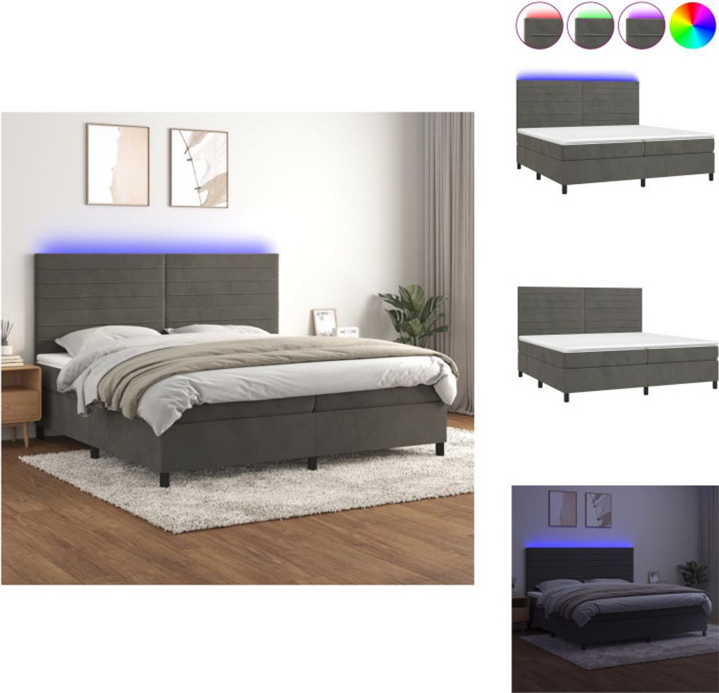 vidaXL Boxspringbett mit Matratze & LED Dunkelgrau 200x200 cm Samt - Betten & Bettgestelle