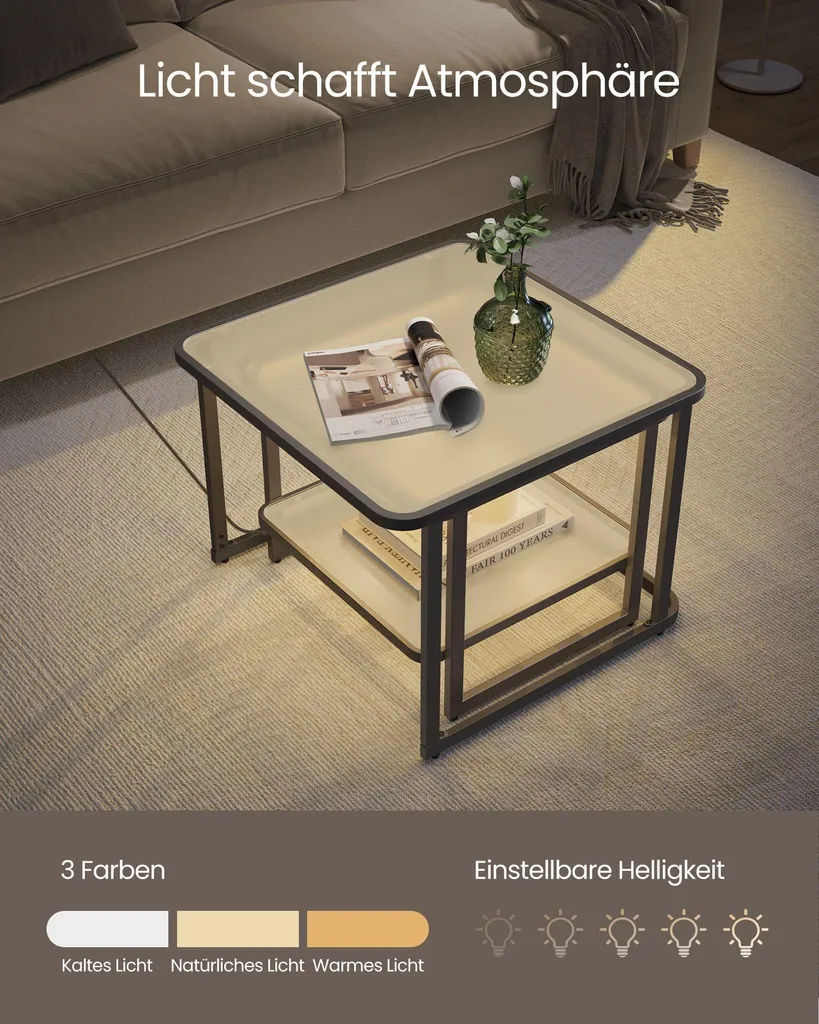 Table basse pour salon avec LED intégrées, lot de 2 tables modulables - 3
