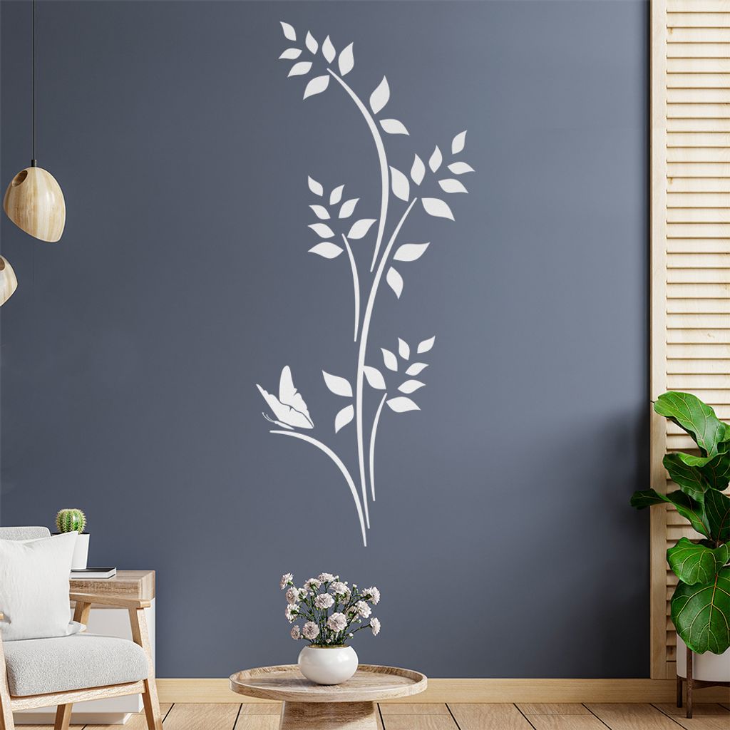 Schmetterling - Pflanze - Blätter Wandtattoo in 6 Größen - Wandaufkleber Wall Sticker - Dekoration, Küche, Wohnzimmer, Schlafzimmer, Badezimmer