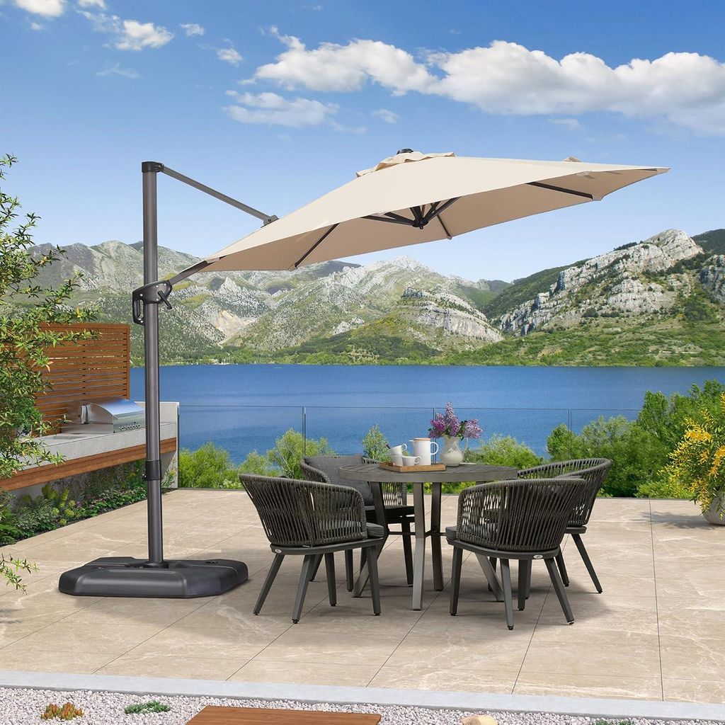 PURPLE LEAF 300 cm Sonnenschirm groß Ampelschirm Rund 360-Grad drehbar mit Fußpedal und Kreuzsockel für Terrasse, Balkon Sonnenschutz, Beige