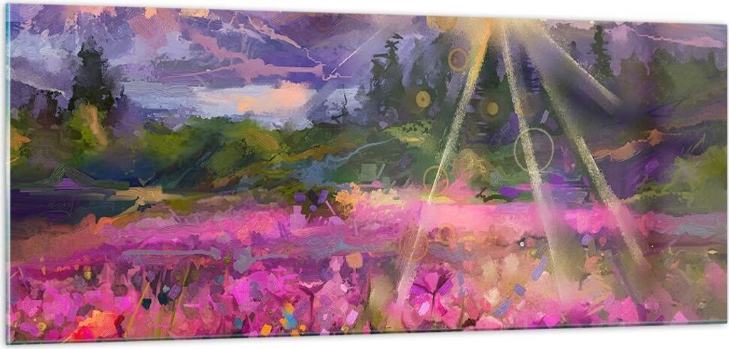 Bilder auf glas - Berge Blumen Blumen - 100x40cm - Glasbilder - Wandbilder - Kunstdruck - zum Aufhängen bereit - Wanddekoration aus Glas - Glas Bi...