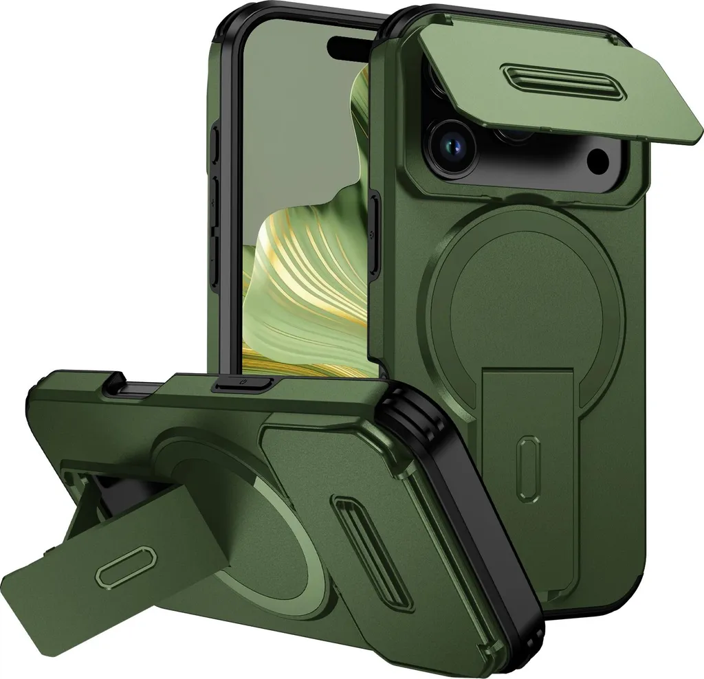 Custodia iPhone 17 Pro Verde Elegante con Supporto e Copri Camera