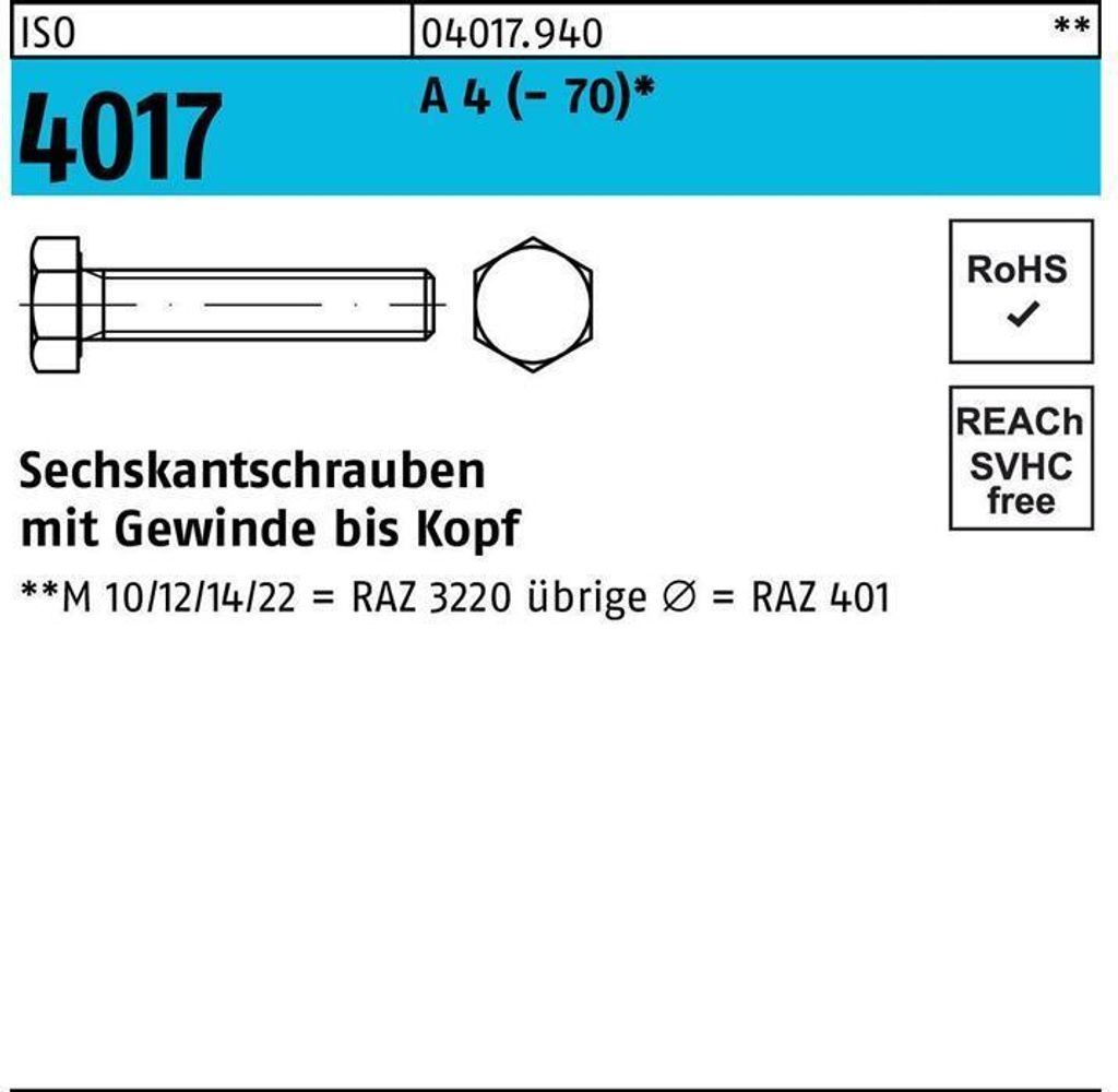 Sechskantschraube ISO 4017 VG M 14 x 40 A 4 (- 70)