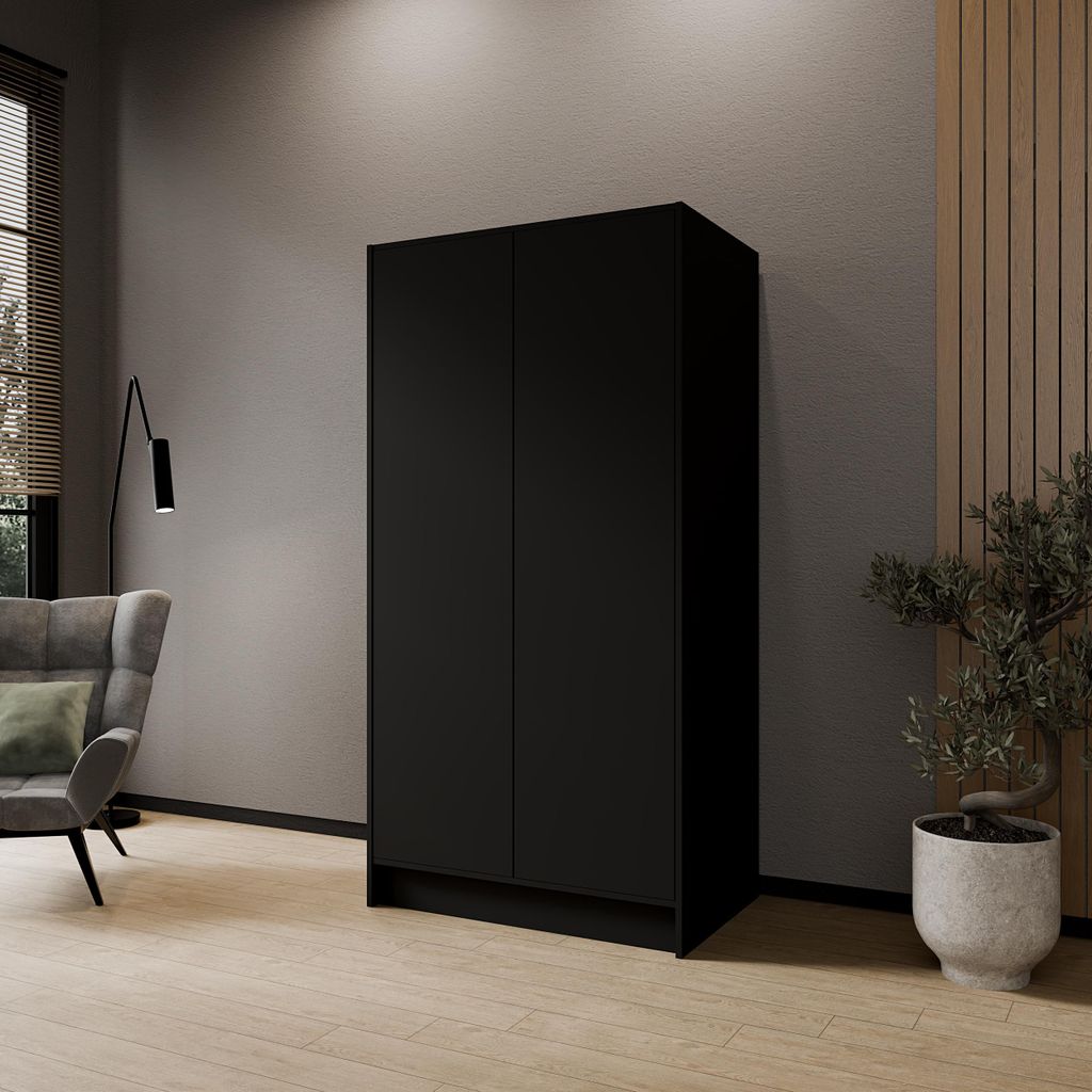 Glatte Drehtürenschrank 100 cm Mila 1, 2-türiger Kleiderschrank, Schrank mit Einlegeböden und Kleiderstange, Farbe: Schwarz, Breite: 100 cm