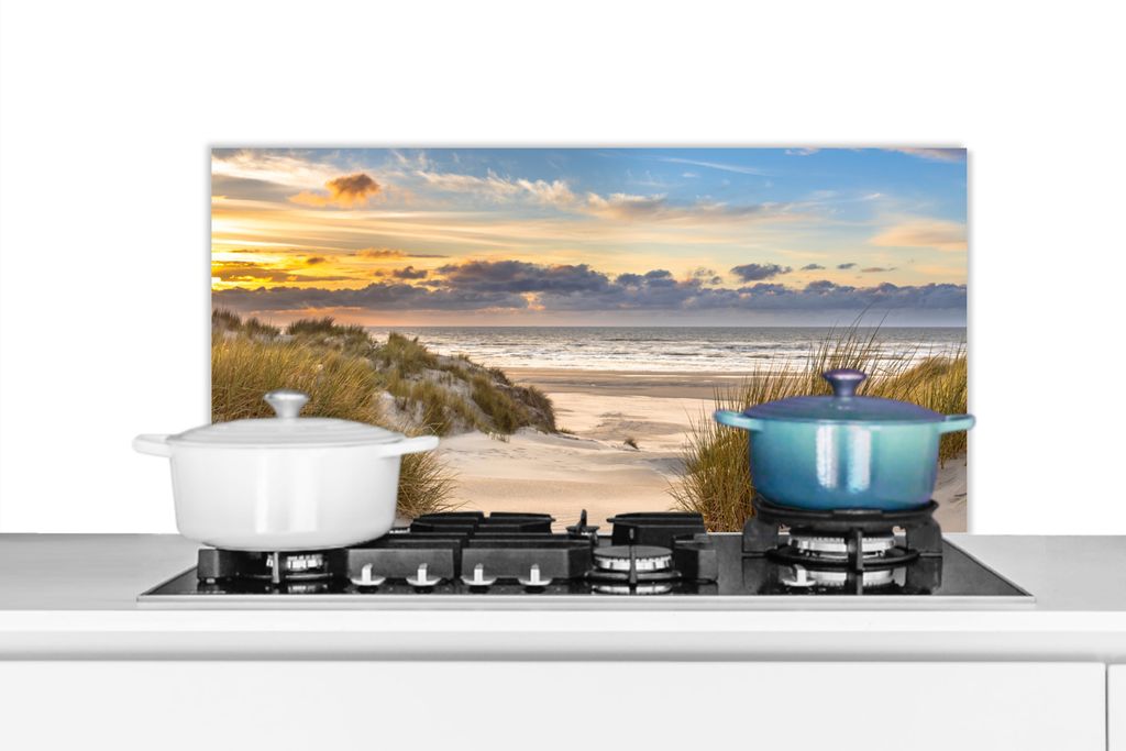KitchenYeah Spritzschutz Küche - Küchenrückwand - Wandschutz für Herd und Spüle - Strand - Düne - Gras - Sonnenuntergang - Meer 90x45 - Al...
