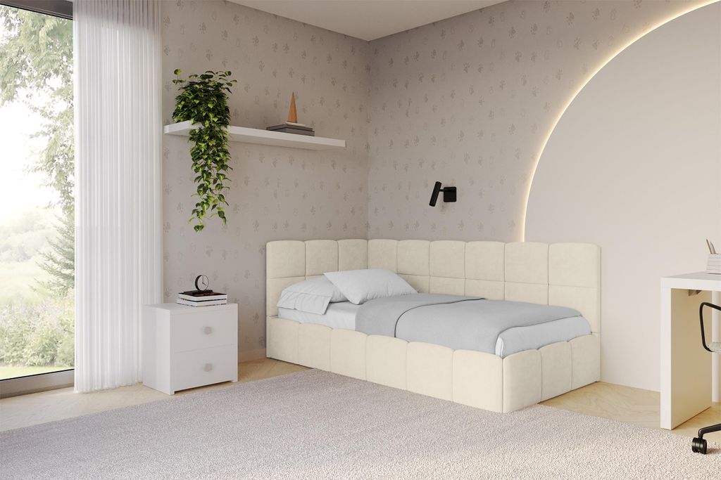 ALTDECOR Jugendbett mit Bettkasten - LIVY - 90x200 cm Beige - Monolith 4 - Bett ohne Matratze - Einzelbett mit Stauraum - Polsterbett Kinderbett