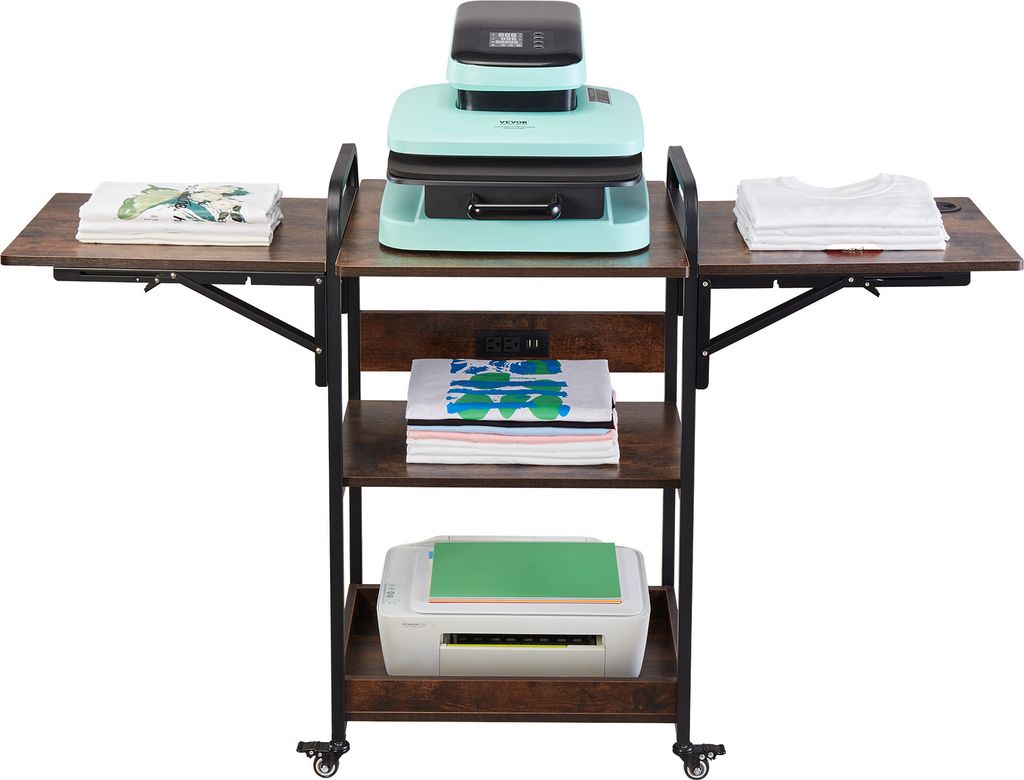 VEVOR Wärmepressentisch mit Ladestation, 3-stufiger beweglicher Wärmepressenständer, faltbarer Druckerständer mit Rädern, rollende Metallwerkb...