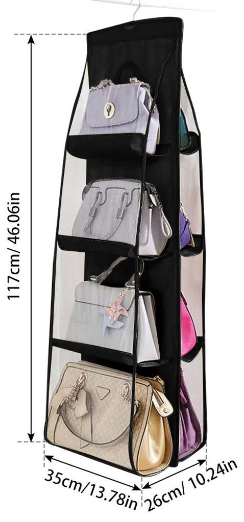 4-lagiger Handtaschen-Geldbörsen-Organizer mit 8 Taschen, Metallhaken, Taschenaufbewahrung für den Kleiderschrank, platzsparend, Schwarz