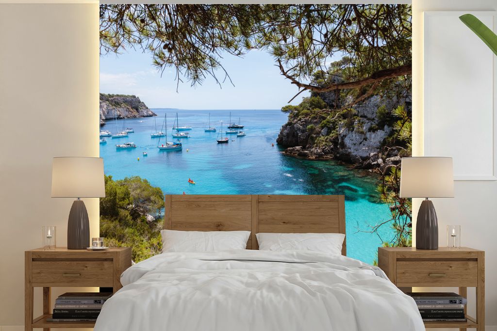 MuchoWow Fototapete für Wohnzimmer oder Schlafzimmer Wandtapete Vinyl Motivtapete Boot - Spanien - Meer - 240x240 cm - Schlafzimmer-Tapete
