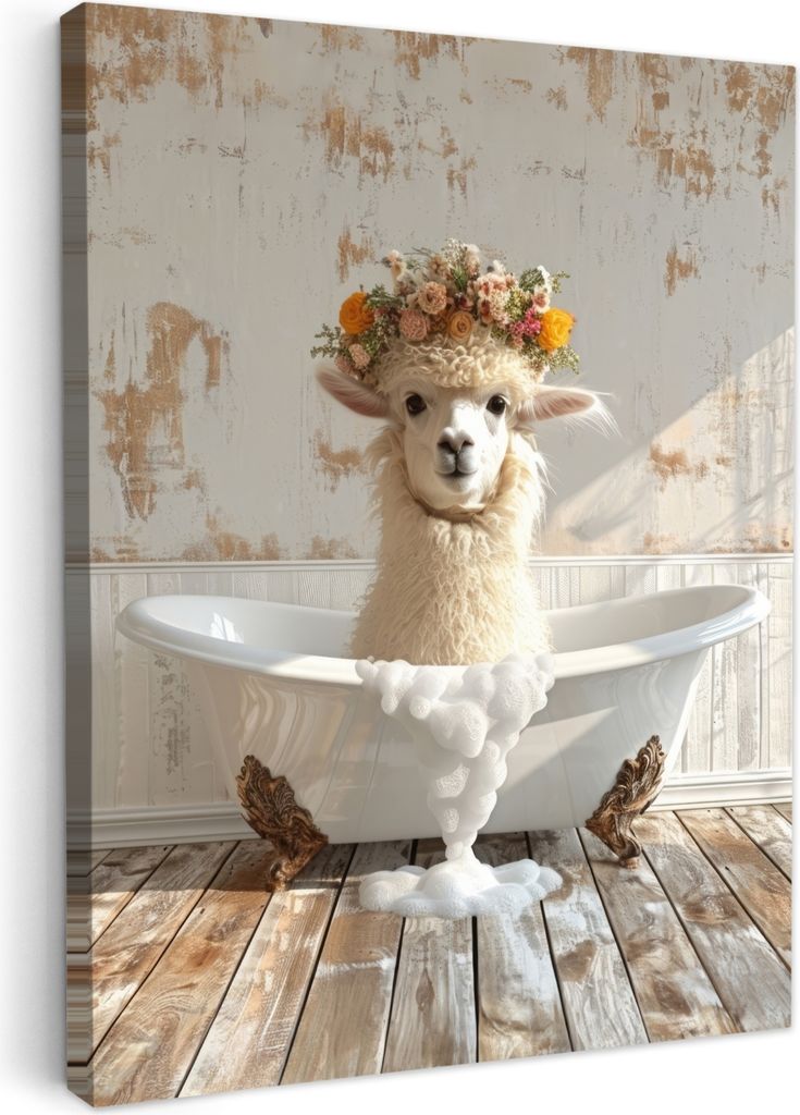 Wanddeko 60x80 cm - BadezimmerLama in der Badewanne, Leinwand Bilder, Wandbilder, Gemälde