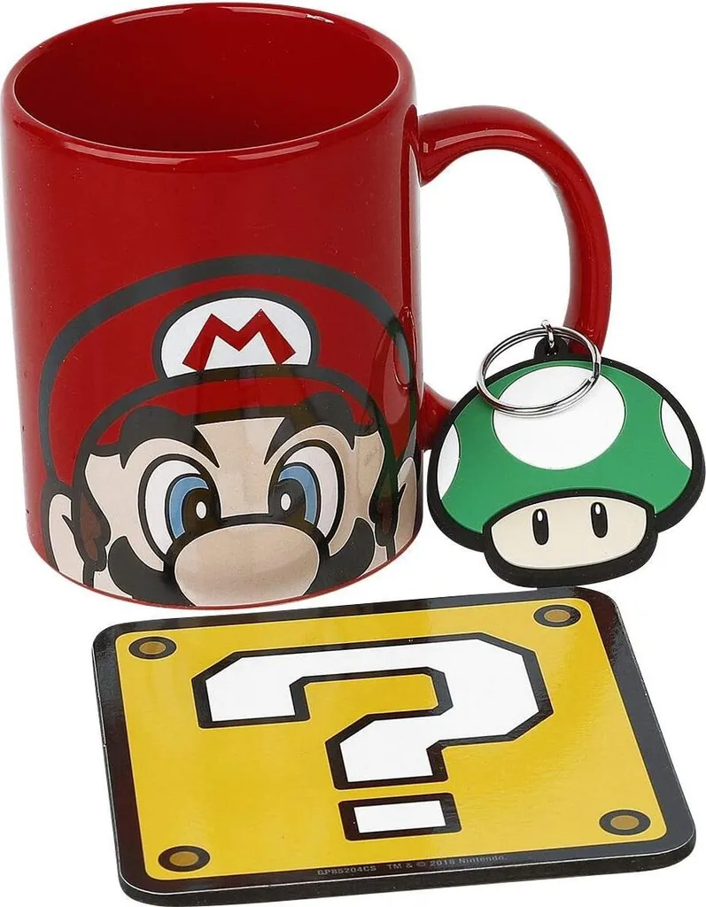 Super Mario Tasse + Dessous de verre & Porte-clés - Set Cadeau Nintendo