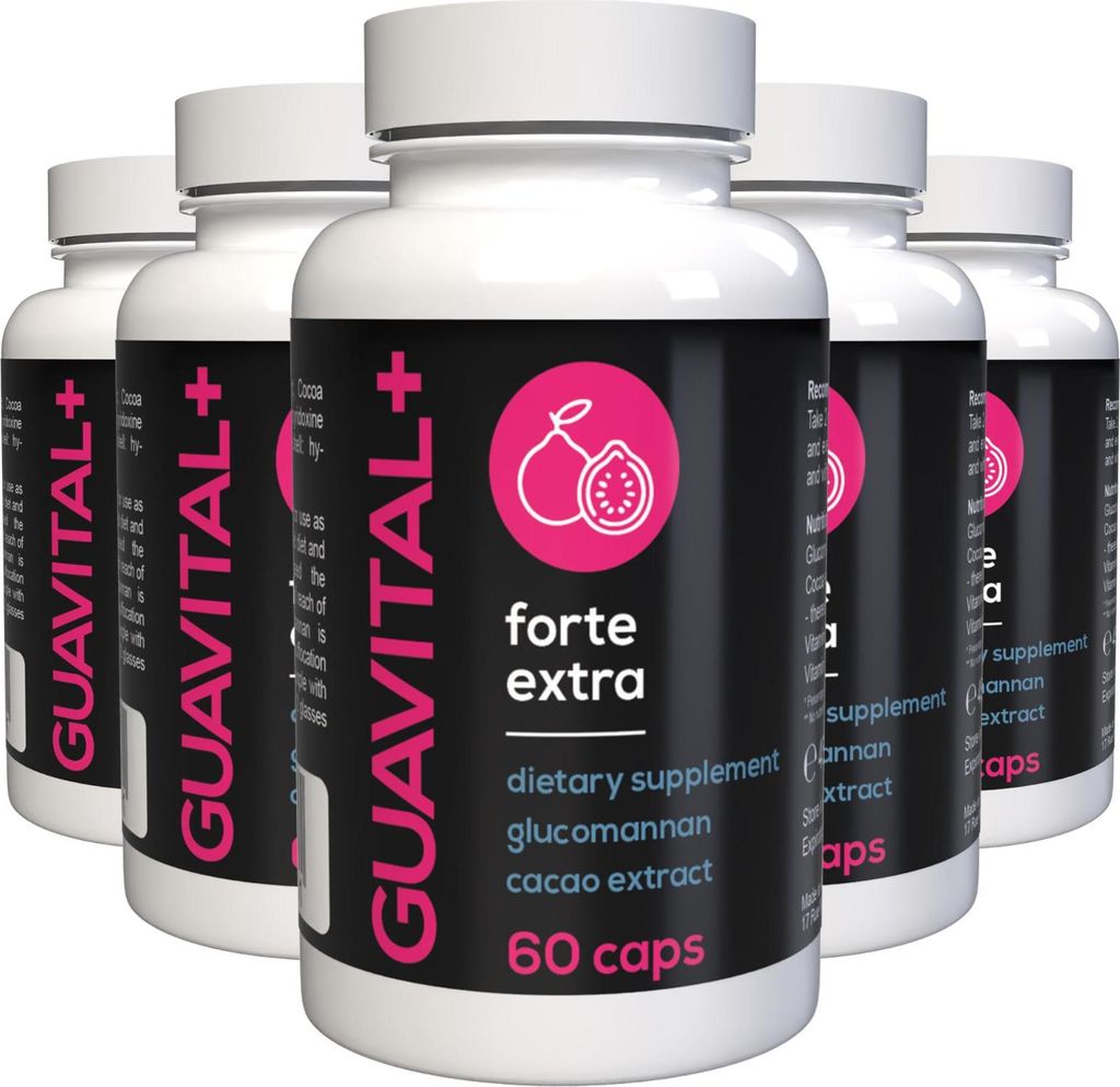 GUAVITAL+ forte - 300 Kapseln (5x60) hochdosiert - Glucomannan & Kakao - Mit Vitamin B1 & B6 - Original Schweizer Rezept - 5er Pack