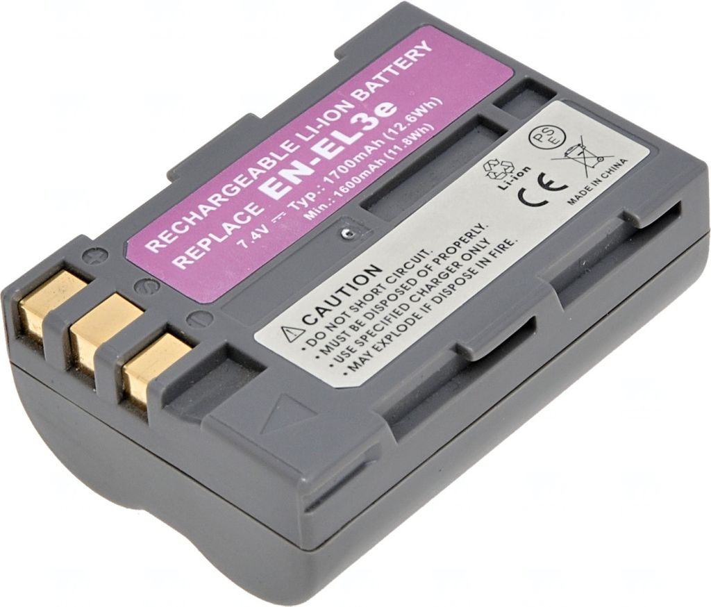 T6 Power Akku für Nikon Digitalkamera, Teilenummer EN-EL3e, Li-Ion, 7,4 V, 1700 mAh (12,6 Wh), grau