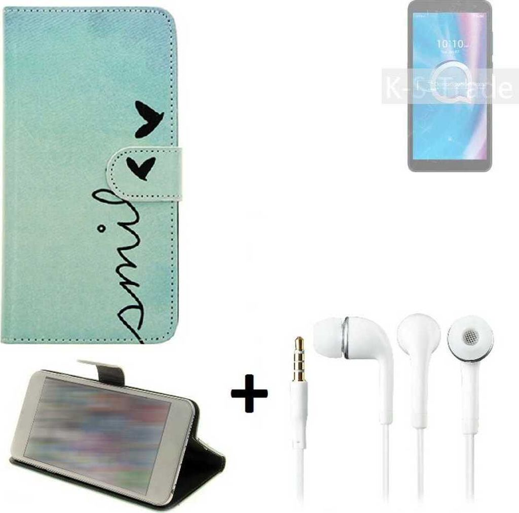 K-S-Trade Schutz Hülle Handy Hülle kompatibel mit Alcatel 1B (2020) 360° Wallet Case Schutz Hülle ''smile'' inkl. Ohrstöpsel Smartphone cover
