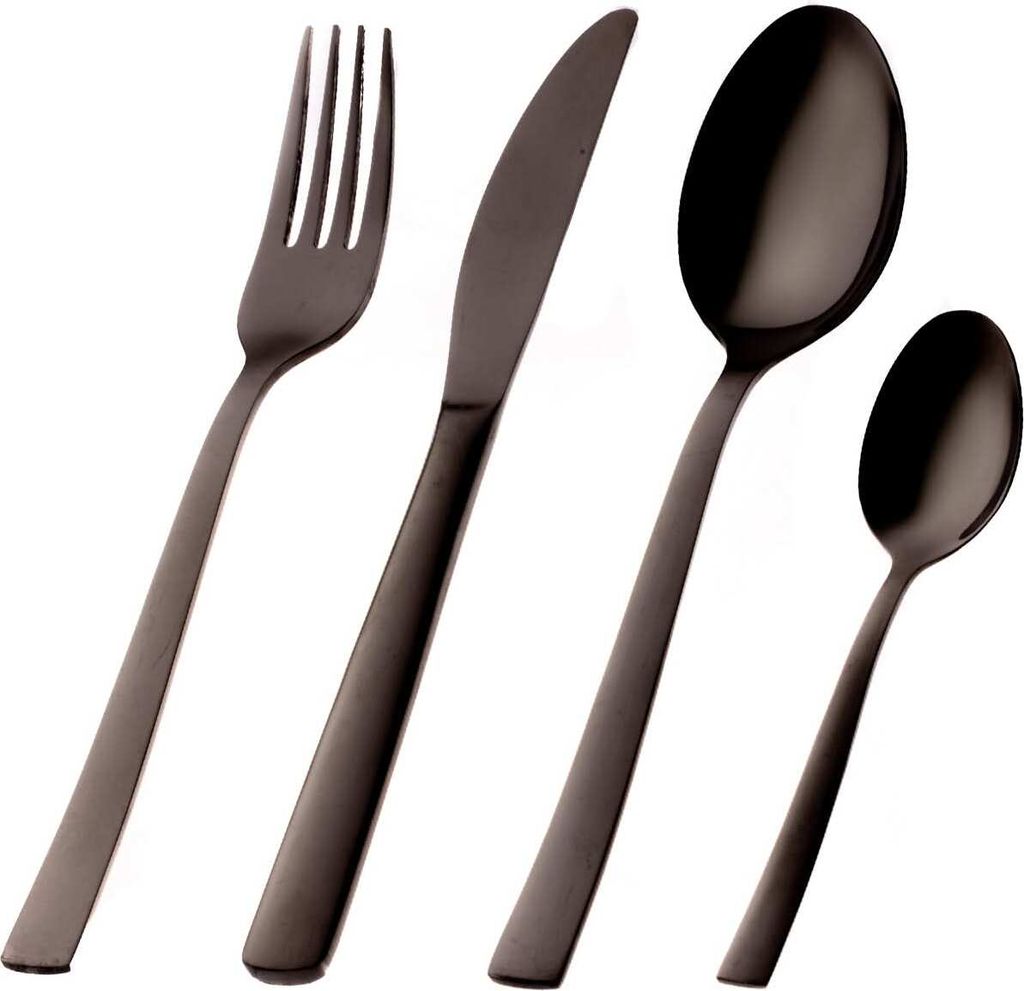 A set of black cutlery, including a fork, knife, and two spoons, arranged diagonally against a white background.