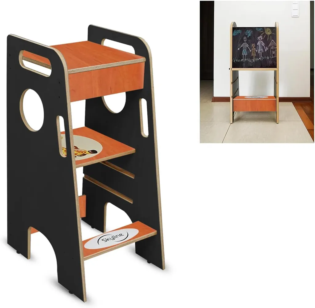 Sgabello Montessori 2 in 1: Torre Aiuto Cucina e Tavolino Legno Bambini