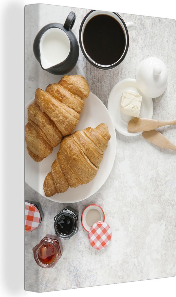 OneMillionCanvasses - Leinwandbilder - 90x140 cm, Croissants auf einem Teller mit Kaffee und Marmelade, Wandbilder Kunstdruck Wanddekoration - Wa...