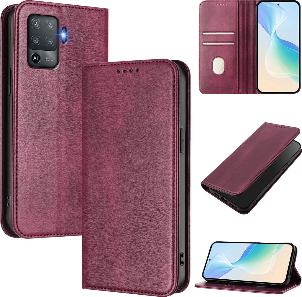 Handyhülle für Oppo F19 Pro/Reno5 F, Vintage Leder RFID Schutz Kartenfach Standfunktion Magnetische Klapphülle Rot
