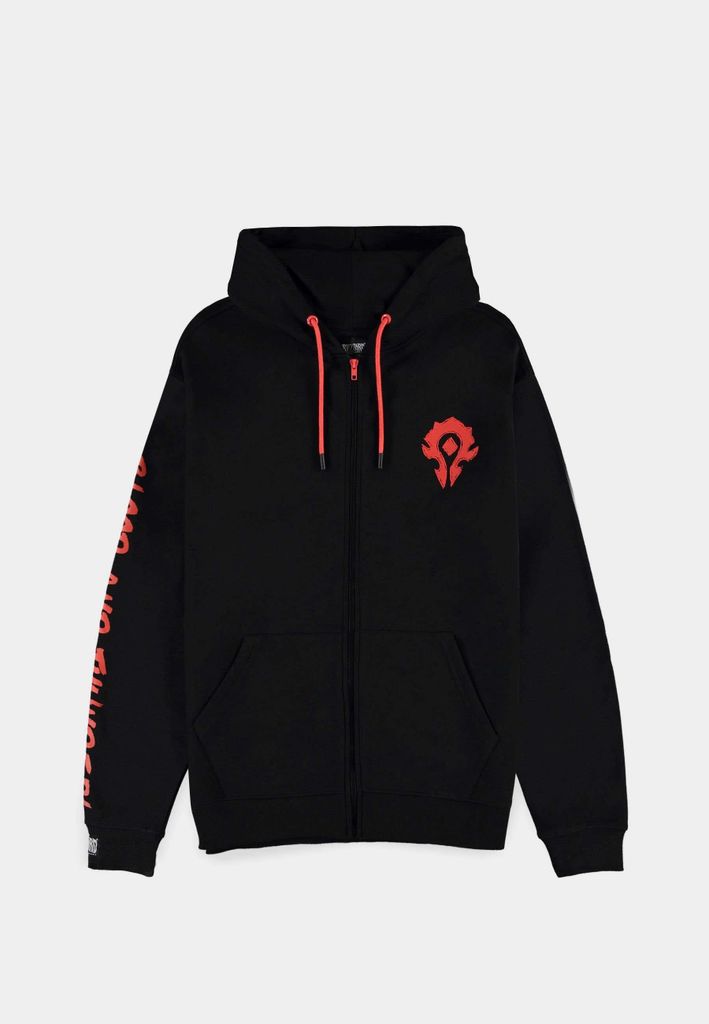 A black zip-up hoodie with red accents and a red logo on the chest.
