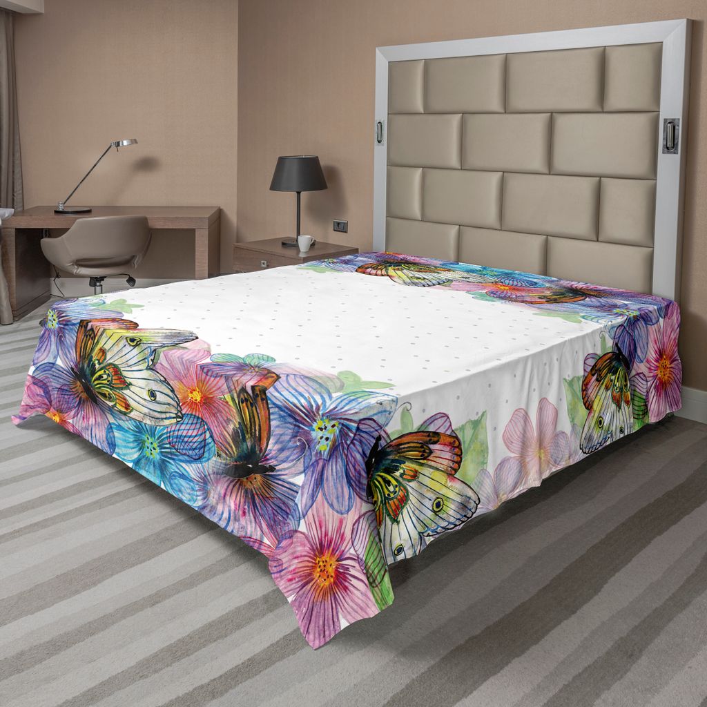 ABAKUHAUS Blumen Bettlaken, Aquarell Design Klarer Frühlings-Blumenblätter und Butteefflies Rahmen, weiches bequemes oberes Bettlaken für ein de...