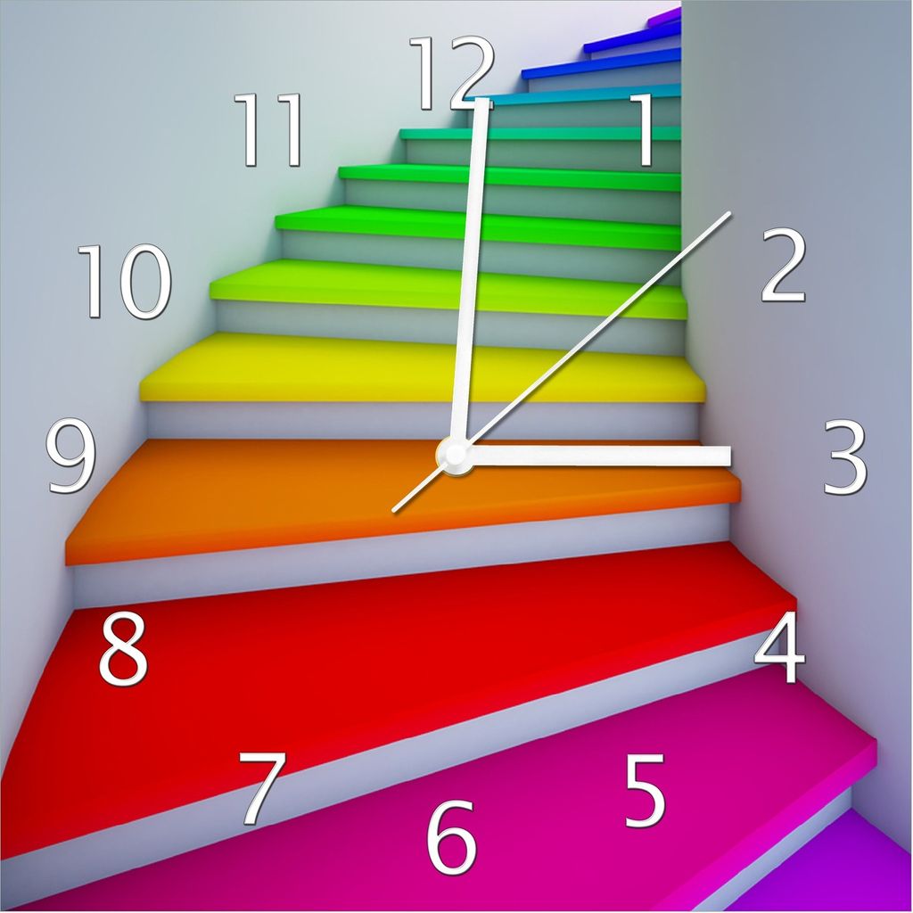 Wallario Design Wanduhr Bunte Treppe aus Echtglas, Größe 30 x 30 cm