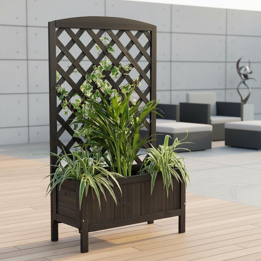 Mucola Rankgitter mit Pflanzkasten Spalier Blumenkasten Holz Rankkasten Rosenbogen Rankgestell Pflanzgitter Blumenkübel - Schwarz