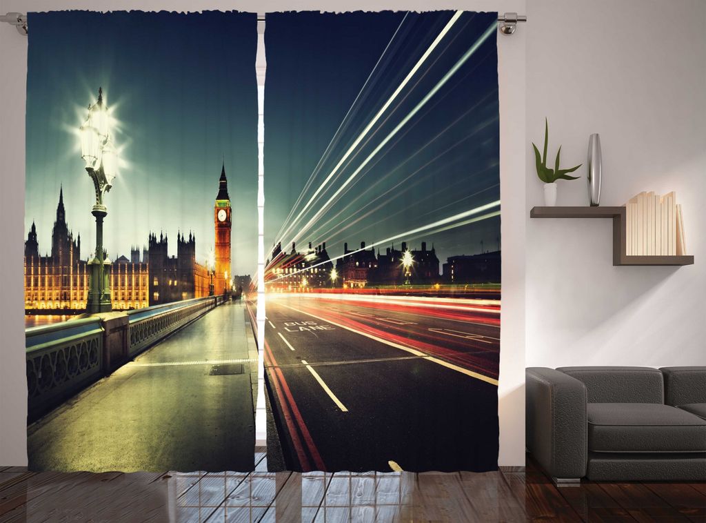 ABAKUHAUS London Rustikaler Gardine, Big Ben Städtisches Stadtbild, Schlafzimmer Kräuselband Vorhang mit Schlaufen und Haken, 280 x 245 cm, Jadeg...