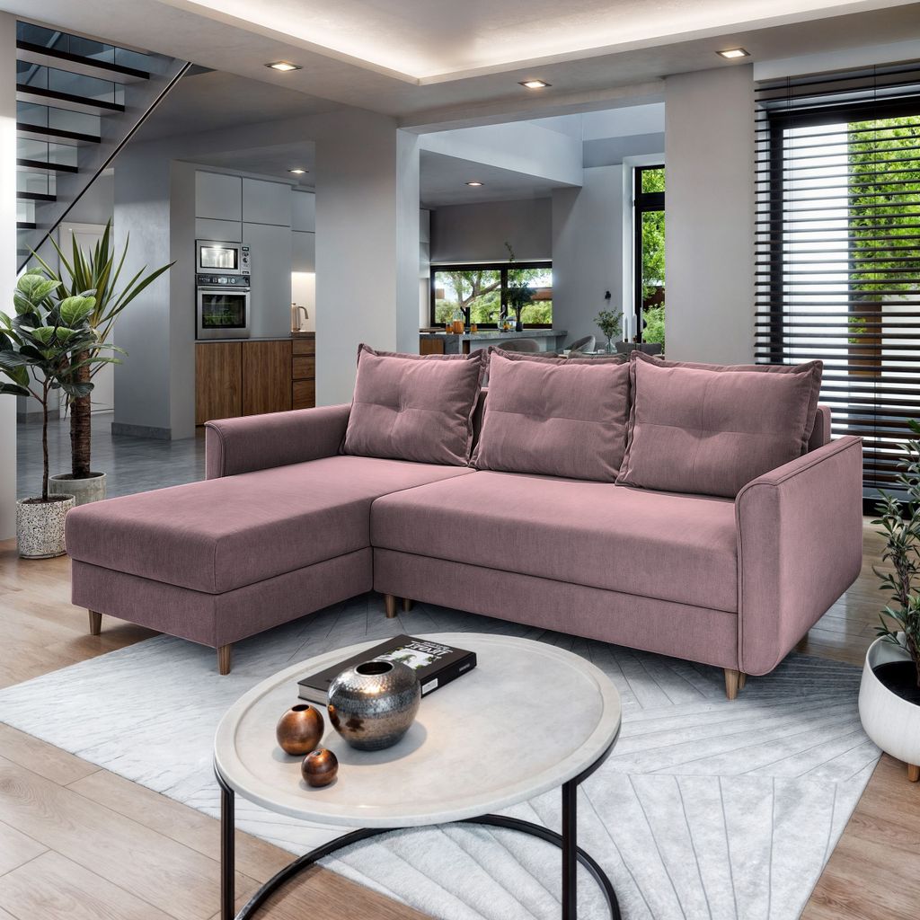 Masseno Ecksofa PISAN L-S mit Schlaffunktion L-Form, Sofa mit Bettkasten, Wohnzimmersofa, Couch, Soffa, Bettsofa, Couchgarnitur- Rosa, KRONOS 27
