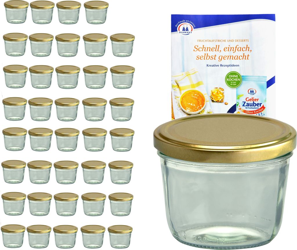 A set of glass jars with golden lids and a recipe booklet.