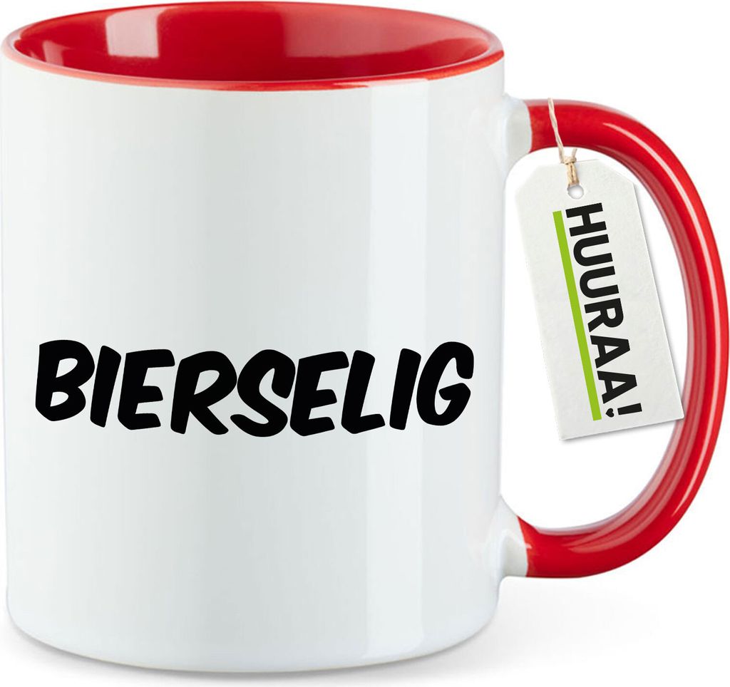 Huuraa Kaffeetasse Bierselig Schriftzug 330ml Rot Keramik Kaffeebecher Geschenkidee