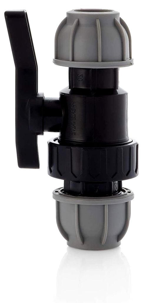 MDPE Fitting für Wasserrohre, Muffe 20mm x 20mm mit Kugelhahn, für MDPE Kunststoffrohre, 10 Bar, Max. Temperatur 45°C, Klemmringverschraubungen