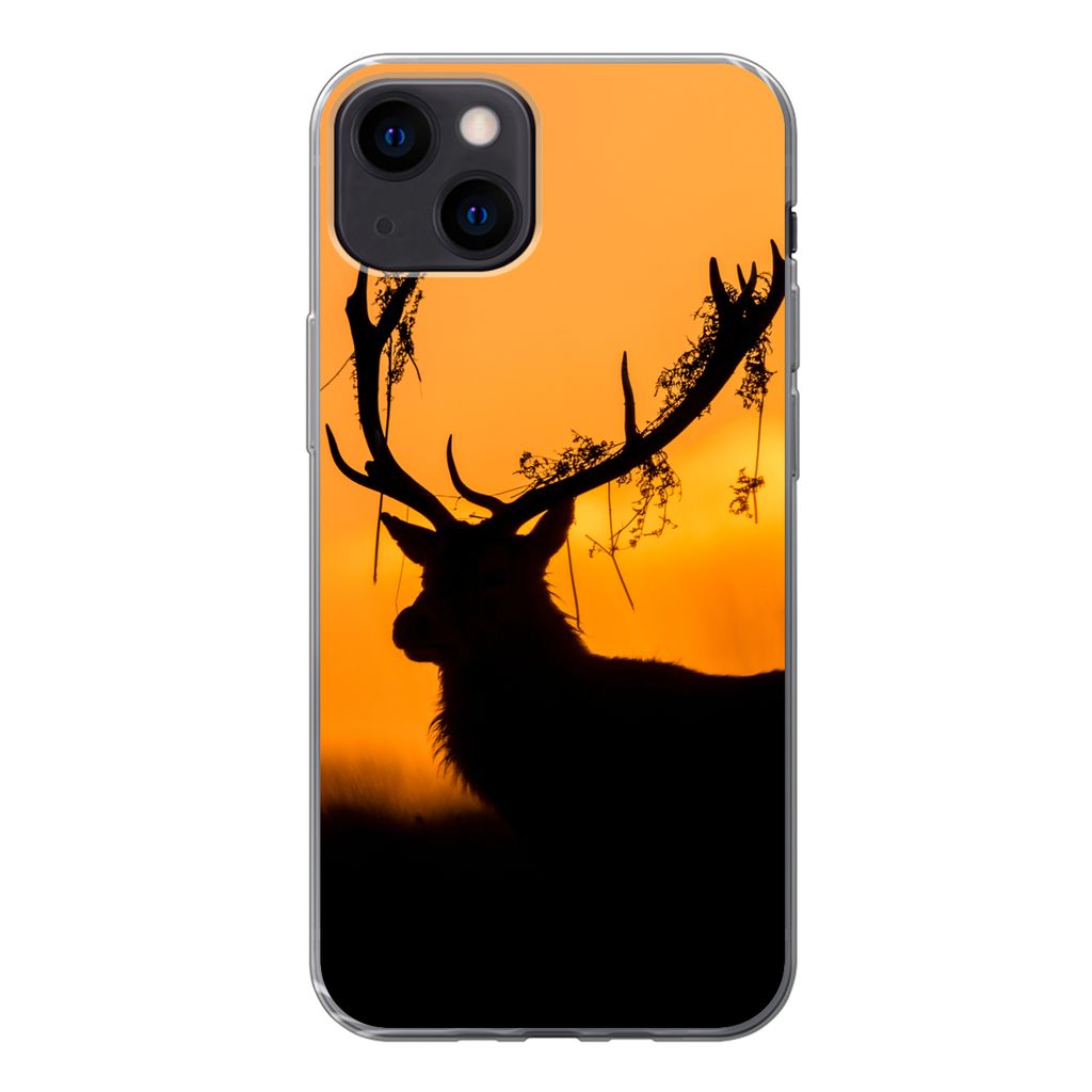 MuchoWow Handyhülle Schutzhülle Hülle für iPhone 13 Hirsch - Orange - Scherenschnitt - Tiere - Natur Silikon Softcase Handy Hülle - Kartenin...