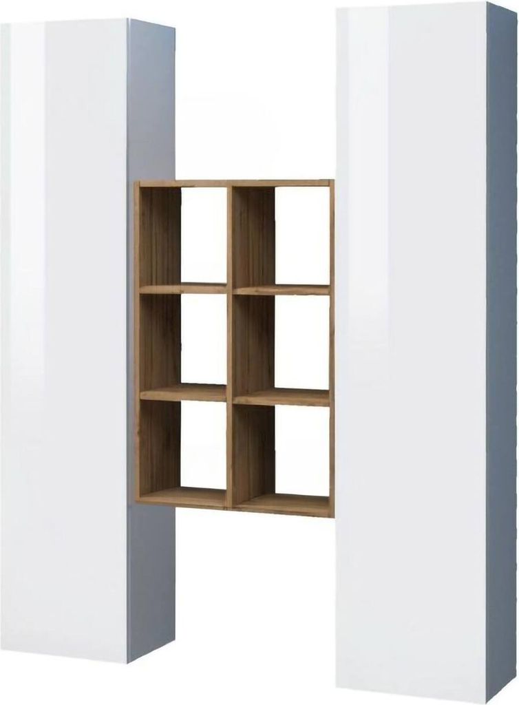 Kommode Ddeluc, Wohnzimmer-Set mit 2 Türen und Regalen, Wohnzimmer-Buffet, Küchen-Sideboard, 100% Italy, 140x30h180 cm, Weiß glänzend und Ahorn